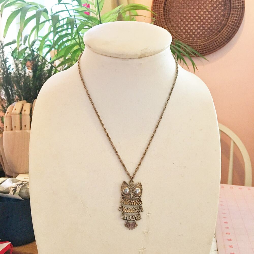 Vintage small brass hanging owl pendant necklace 60's 70's
